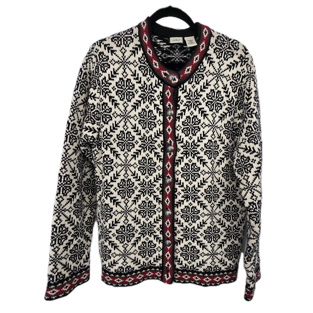 Vintage LL Bean Fair Isle Sweater Womens LG Nordic Snowflake Silver
